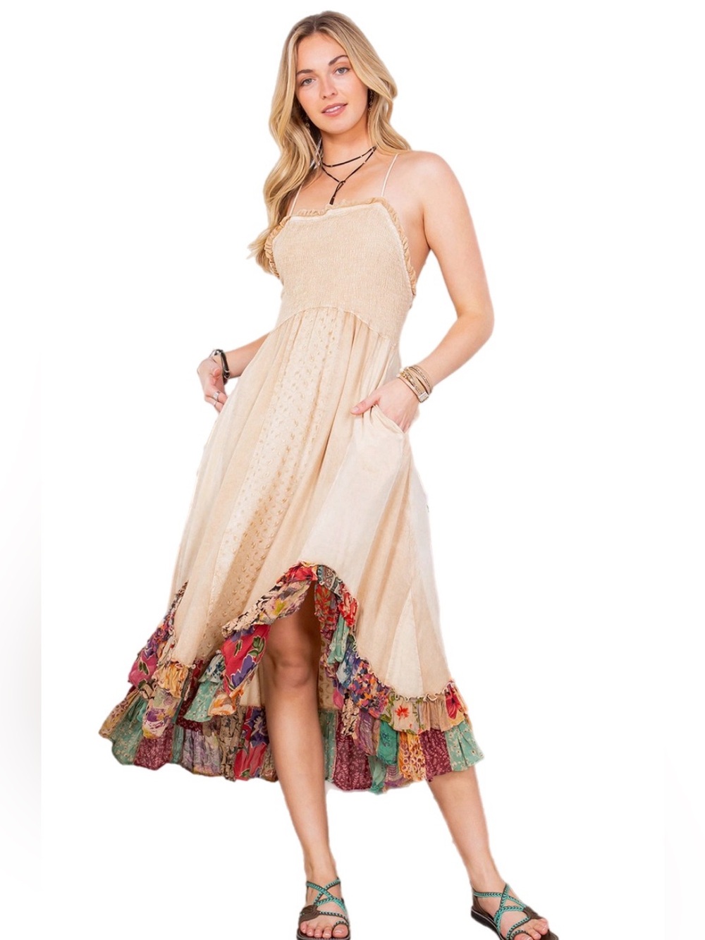 200. NWT Young Threads Boho Maxi Dress Hi-Low Ruffle Hem
